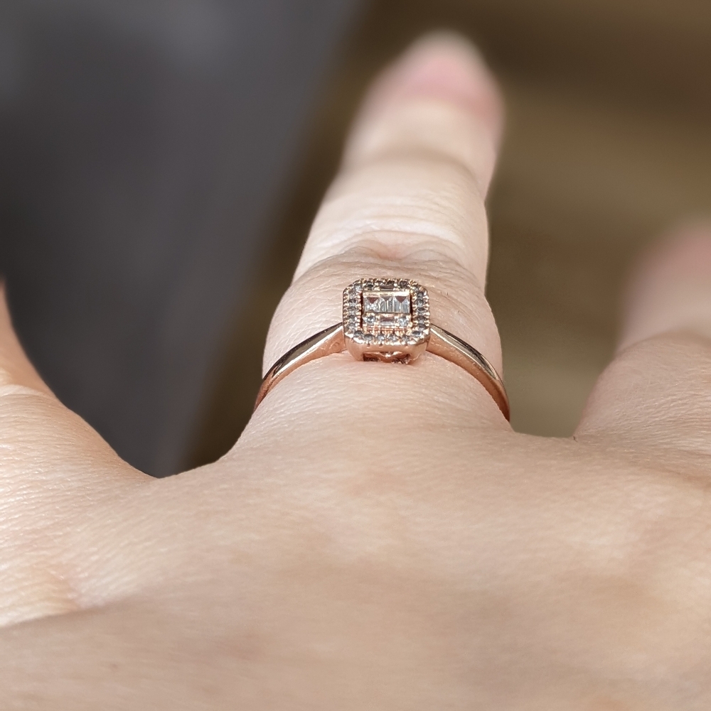 10K Rose Gold Round And Baguette Cut Diamond Cluster Ring - Picture 8 of 12